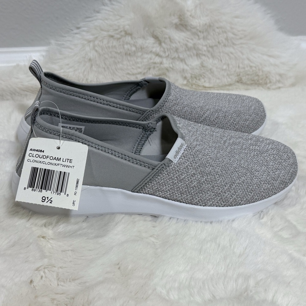 Adidas Cloudfoam Lite Walking Slip On Shoes Gray White Slip-On Sneakers Size 9.5